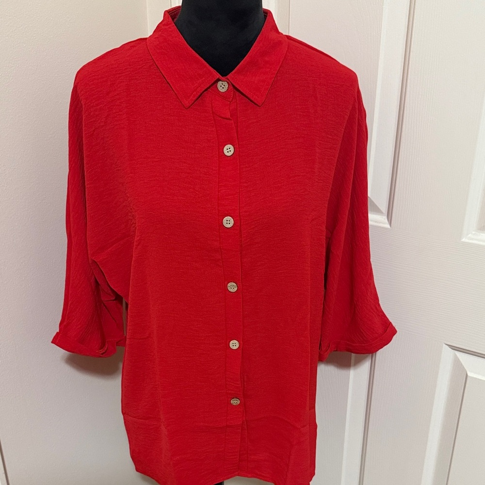Red Button-Up Women's Top Size Large